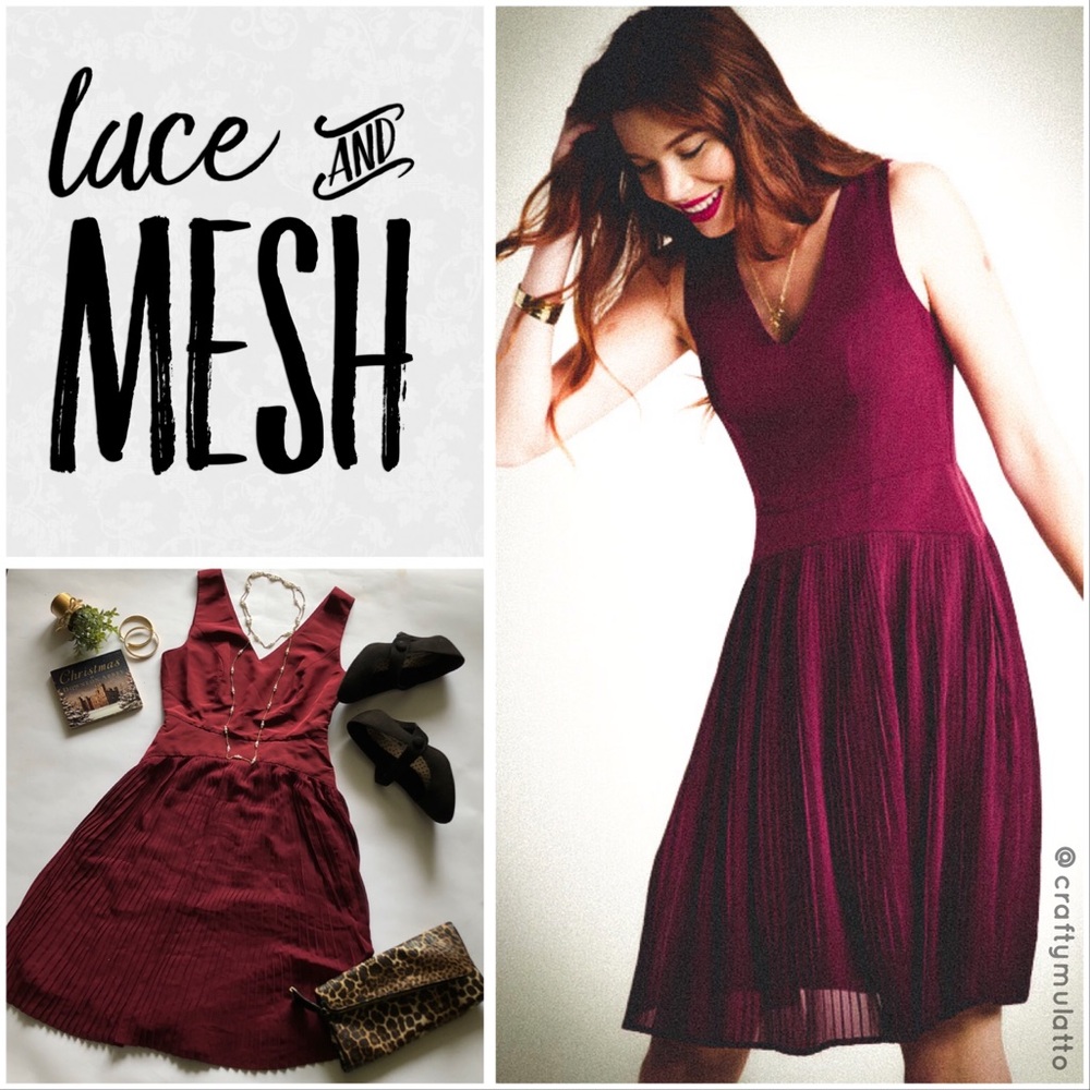 Lace & Mesh Drop Waist Pleated Cocktail Dress